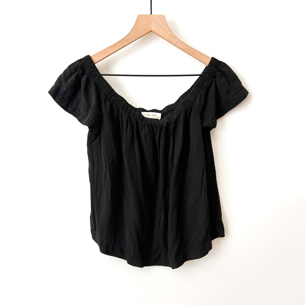 Bella Dahl Anthropologie Solid Black Ruffle Scoop Neck Short Sleeve Top Medium